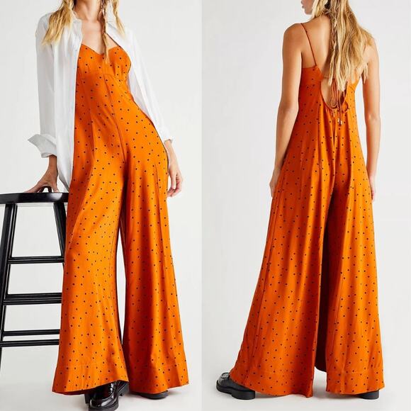 Free People Summer Jamboree Dark Orange Black Polka Dot Wide Leg  Jumpsuit - Picture 1 of 13